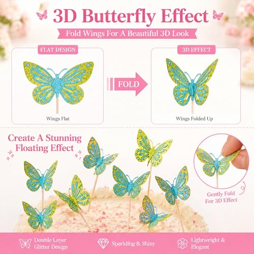 Happy Birthday Cake Toppers Set - 13 Pcs Butterfly & Glitter