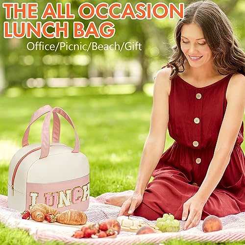 Insulated Lunch Bag for Women and Men - PU Leather Small Office Tote with Variation B-White&Pink