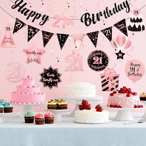 Rose Gold 21st Birthday Decorations Set - Pre-Assembled Banner & Swirls