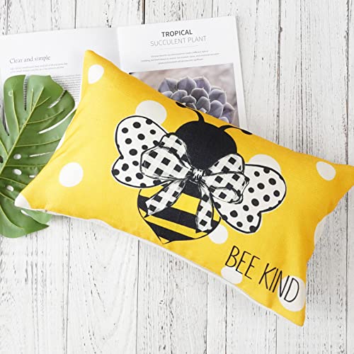 ONWAY 20x12 Inch Summer Throw Pillow Covers Set of 2 - Stripes & Polka Dots Honey Bee Yellow Decorative Lumbar Farmhouse Cushion Case for Sofa Couch Bed