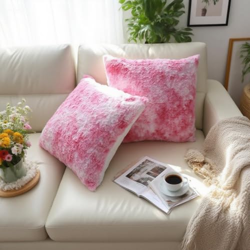 QIFONIX Rose Textured Faux Fur Throw Pillow Covers, Pink & White, 18x18