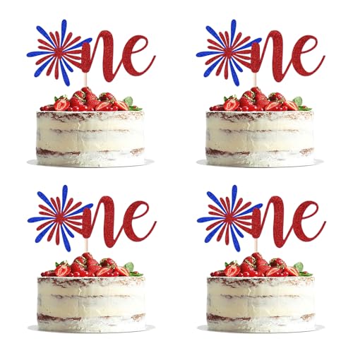 4th of July Cake Toppers - Red, White & Blue Glitter Set for 1st Birthday