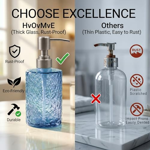 Hutalecho Blue Glass Soap Dispenser 13oz Refillable Bathroom & Kitchen Decor