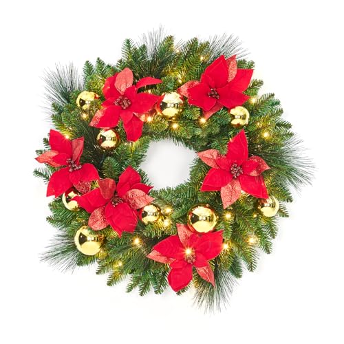 Pre-Lit Christmas Wreath 24 Inch Red and Gold Indoor Outdoor Decor with Lights