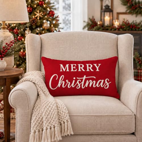 PANDICORN Christmas Pillow Covers 12x20 Red Merry Holiday Home Decor Crimson Red