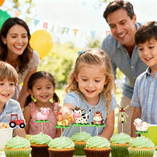 16 Farm Animal Cupcake Toppers - Birthday Party Decorations