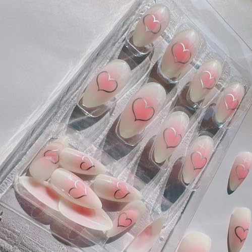 YKZFUI Medium Almond Press on Nails Pink Blush Star False Nails