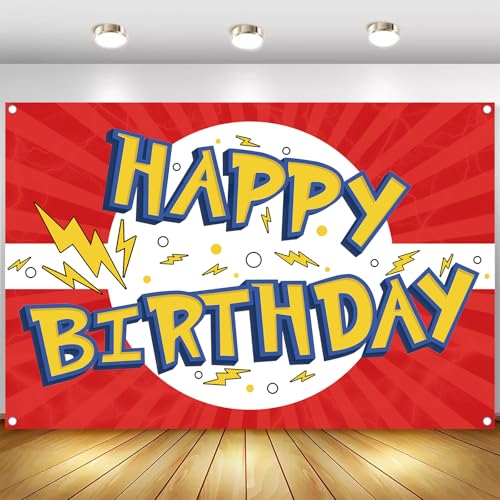 Cartoon Birthday Backdrop 5x3ft - Red, White & Yellow Party Banner