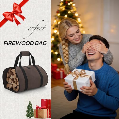 FLASLD Heavy Duty Waxed Canvas Firewood Carrier - Large Log Tote (Brown)