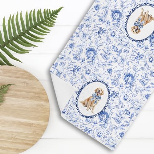 Golden Retriever Decorative Dish Towel Blue White Floral 16x24