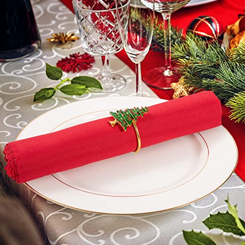 Classic 6 pcs Christmas Tree Napkin Rings Set - Gold & Red Berries, Holiday Table Decor