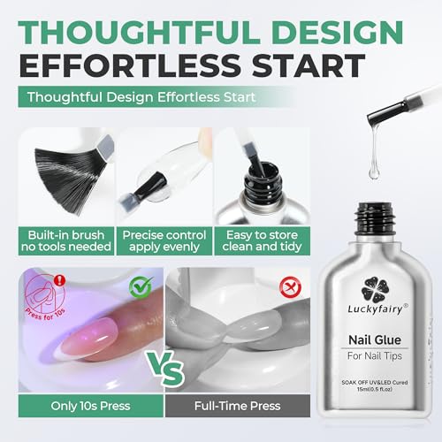 Luckyfairy 6-in-1 Nail Glue Gel for Acrylic False Nails, 15ml 2-Pack