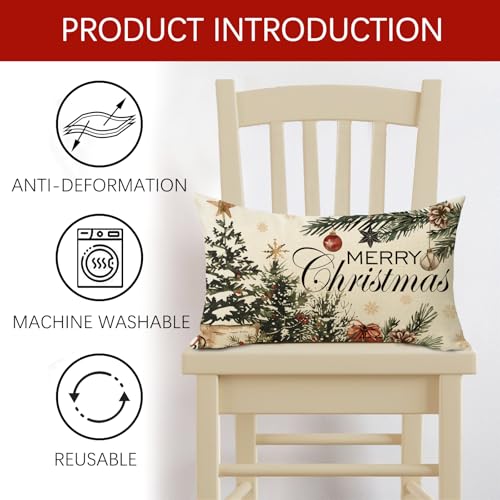 Merry Christmas Tree Lumbar Throw Pillow Cover, 12 x 20 Cotton Linen
