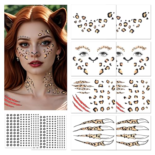 Cerlaza Halloween Leopard Face Paint Temporary Tattoos and Black Gems Kit
