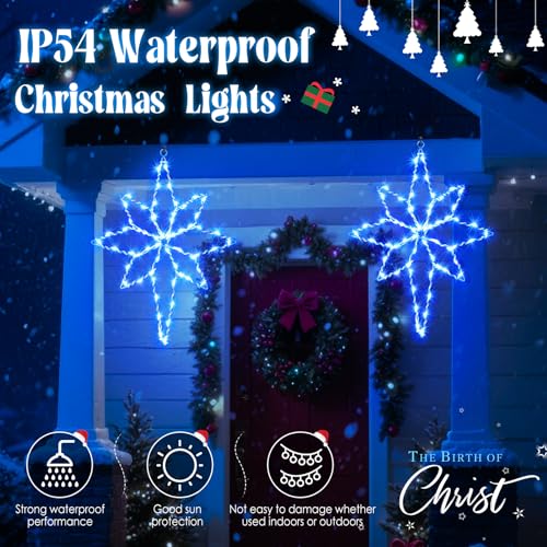 Blue Christmas Window Star Lights with Timer - Bethlehem Silhouette LED Decorations