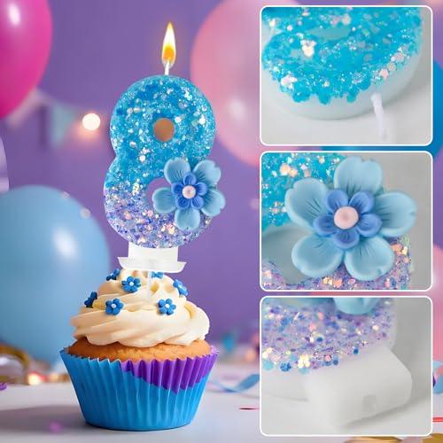 Number 8 Blue Purple Flower Birthday Candle - Party Decoration