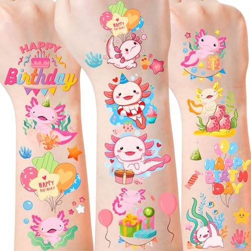 Pink Axolotl Temporary Tattoos - 6 Sheets 240+ Cute Party Favors