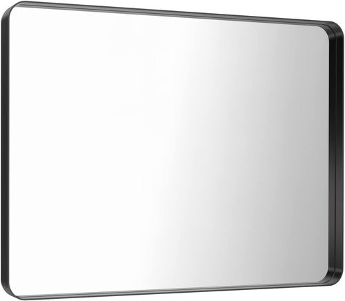 LOAAO Black Metal Framed Bathroom Mirror - 40X30 Inch Rounded Rectangle, Anti-Rust Tempered Glass, Versatile Hang
