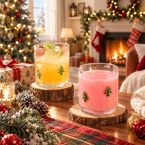 Christmas Tree Icon Juice Glasses - 14 oz Set with Festive Holiday Design - Tree Variation