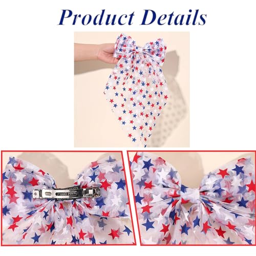 Patriotic 4th of July Hair Bow Clip - Red White Blue Star Tulle Barrette