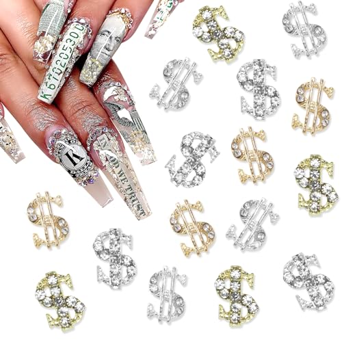 YAEISM 16PCS 3D Dollar Sign Nail Charms Gold and Silver Rhinestones