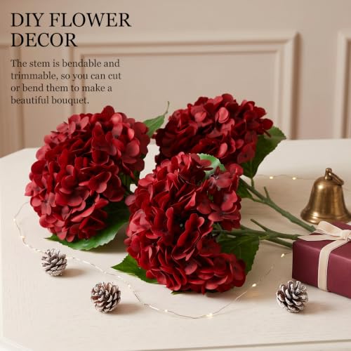 Artificial Hydrangea Flowers 3 Pack - Burgundy 17.7 Inch Christmas Decor