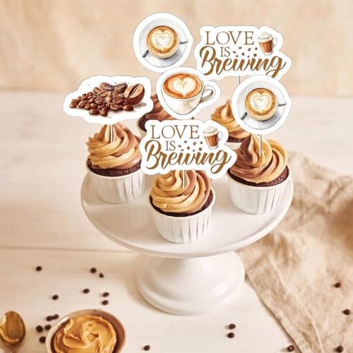 Funmemoir Coffee Cupcake Toppers - 36PCS Love Is Brewing Bridal Shower Decor