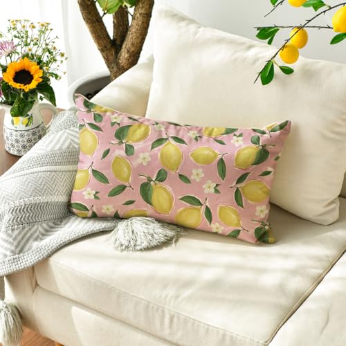 Summer Lemon Throw Pillow Cover 12x20 Inch Pink Floral Cushion Case for Sofa Couch Decor