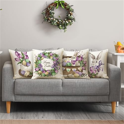 Easter Throw Pillow Covers 18x18 Set of 4, Spring Farmhouse Cushion Cases