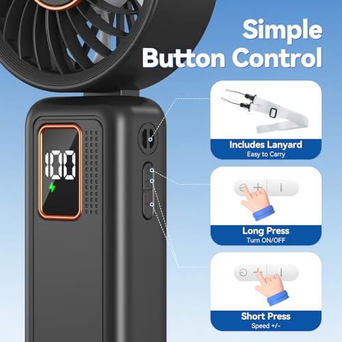 JTSIOV 6000mAh Portable Handheld Fan, 5 Speed Foldable Mini Desk Fan - Black