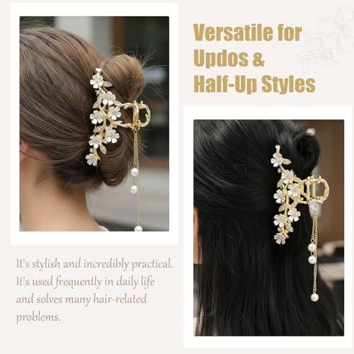 Gold Flower Hair Claw Clip with Pearl Tassel and Rhinestones for Thick Hair