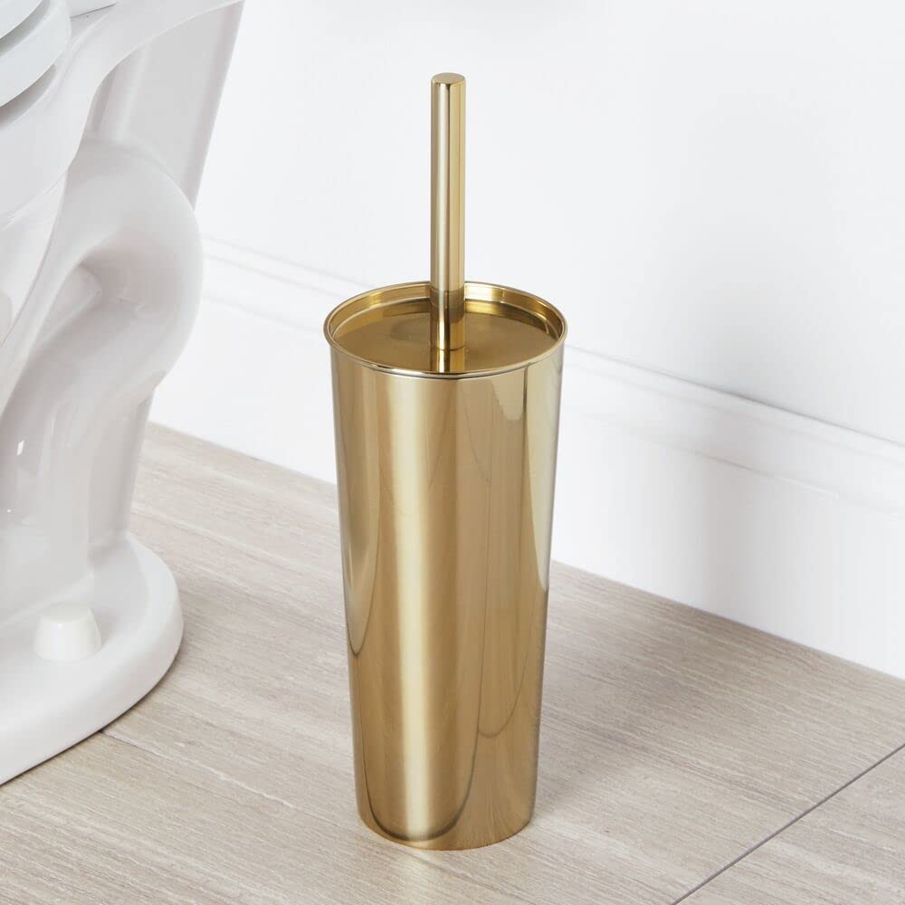 mDesign Stainless Steel Toilet Bowl Brush and Holder Set, Modern Metal Compact Storage Organizer Cleaner Scrubber for Toilet - Heavy Duty Cleaning Plunger for Bathroom, Mirri Collection, Soft Brass