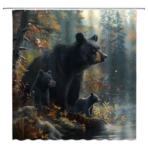 Rustic Black Bear Shower Curtain 70x70 Inches with Hooks