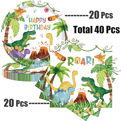 Dinosaur Party Plates and Napkins Set - 40 Pieces Kids Birthday Supplies