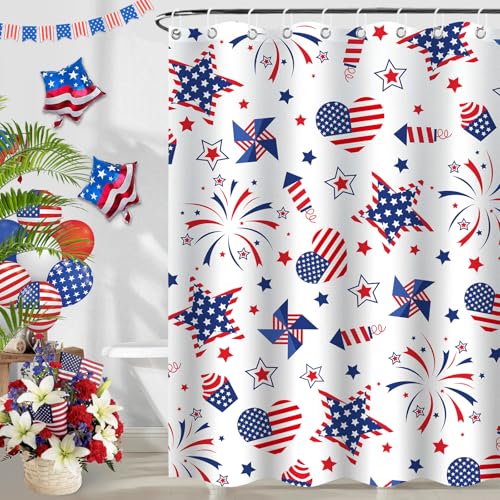 Patriotic USA 4th of July Shower Curtain - Blue and White, 71x71 Inch