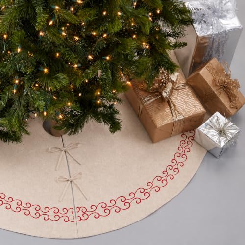 SARO LIFESTYLE Embroidered Scroll Border Tree Skirt - Red, 56 Inch Holiday Decor