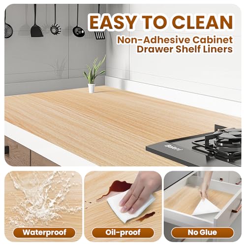 TheBaDaz Faux Wood Grain Drawer Shelf Liner 11.8W x 118.1L Non-Slip Waterproof Mat