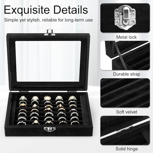 Velvet Jewelry Organizer Box with Glass Lid - 7 Slot Ring and Earring Holder