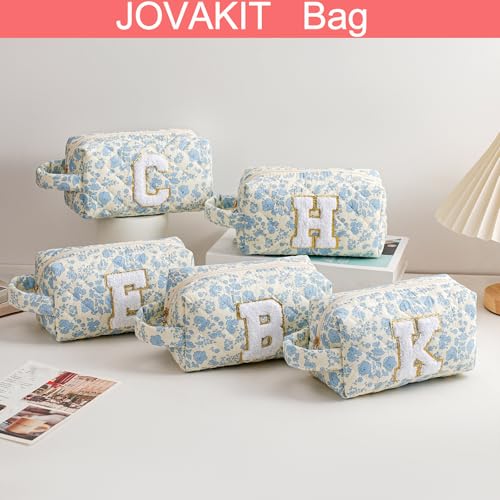 JOVAKIT Alphabet Floral Makeup Bag with Handle - Blue Floral A Toiletry Organizer