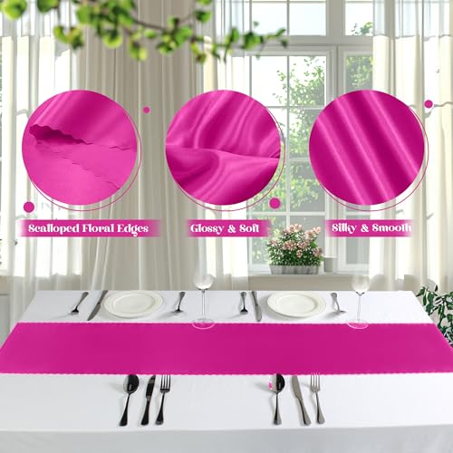 VACVELT Hot Pink Satin Table Runner 12x72 Inch 2 Pack Scalloped Edge