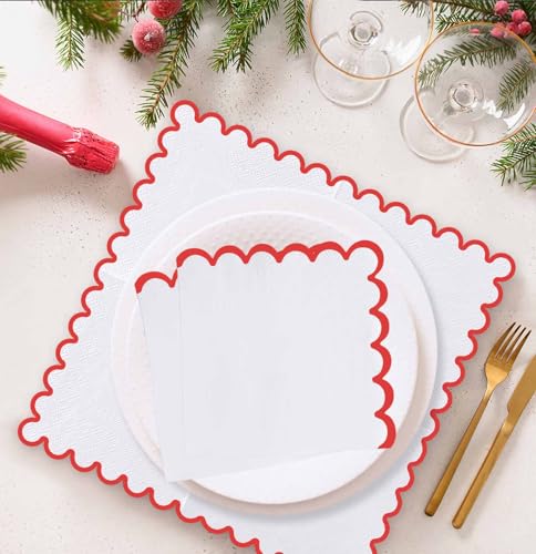 50 Red Scalloped Cocktail Napkins - 3-Ply Disposable 5x5 Inches