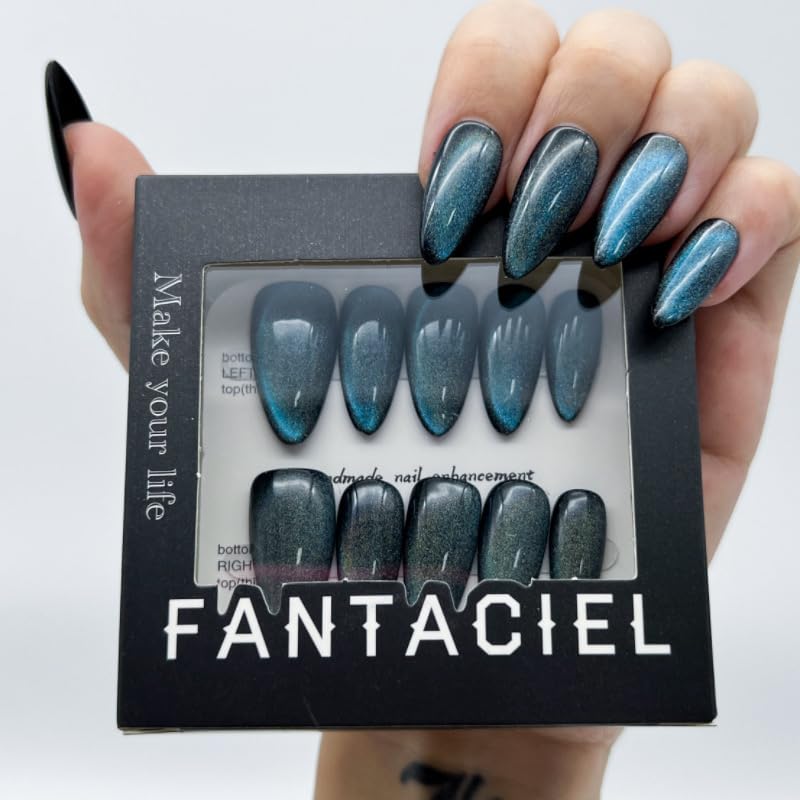 FANTACIEL Handmade Press On Nails Cat Eye Almond Reusable Acrylic False Nails