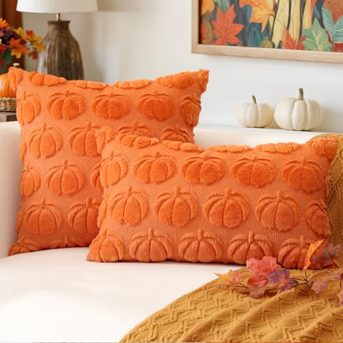OTOSTAR Fall Pumpkin Throw Pillow Covers, 20x20 Inch Orange Set of 2