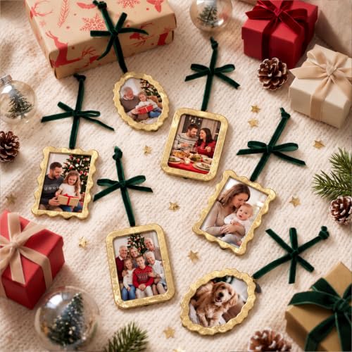 Fumete Vintage Brass Christmas Picture Frame Ornaments Set - 9 Pieces, 2.5 x 3.5 Inch, Gold