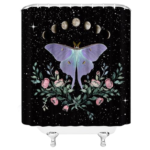 Moth Shower Curtain - Moon Phases Floral Design, 70x70 Inch