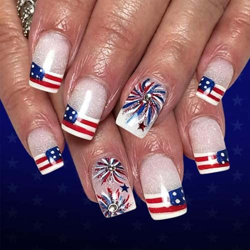 4th of July Press on Nails Medium Square Patriotic False Nails with Firework Rhinestones
