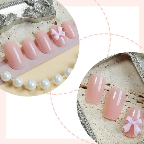 Nude Pink Bow Press on Nails Medium French False Nails 24Pcs