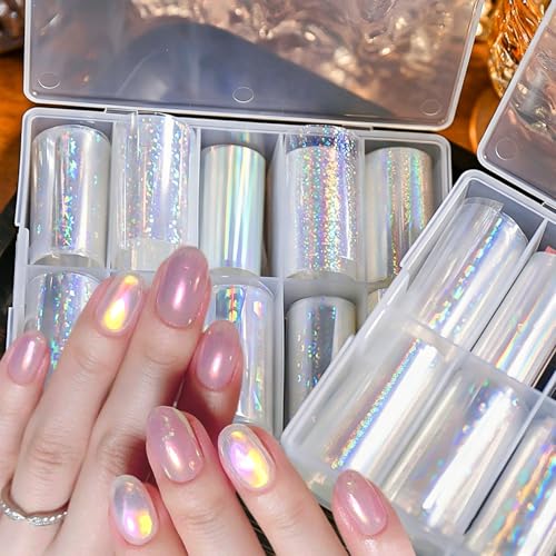 Aurora Nail Foil Transfer Stickers Set - 10 Rolls Holographic Laser Star & Water Ripple Manicure Decals
