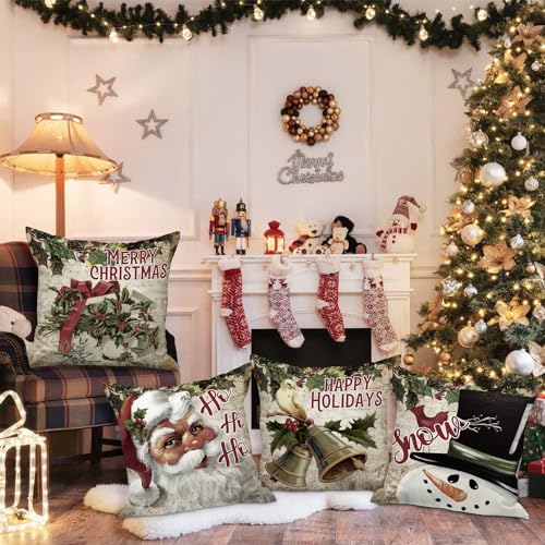 Lanpn Vintage 16x16 Christmas Pillow Covers Set of 4 - Retro Holiday Designs