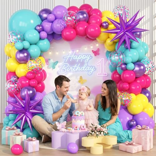 KARLURE Hot Pink Purple Teal Yellow Balloon Arch Kit Garland